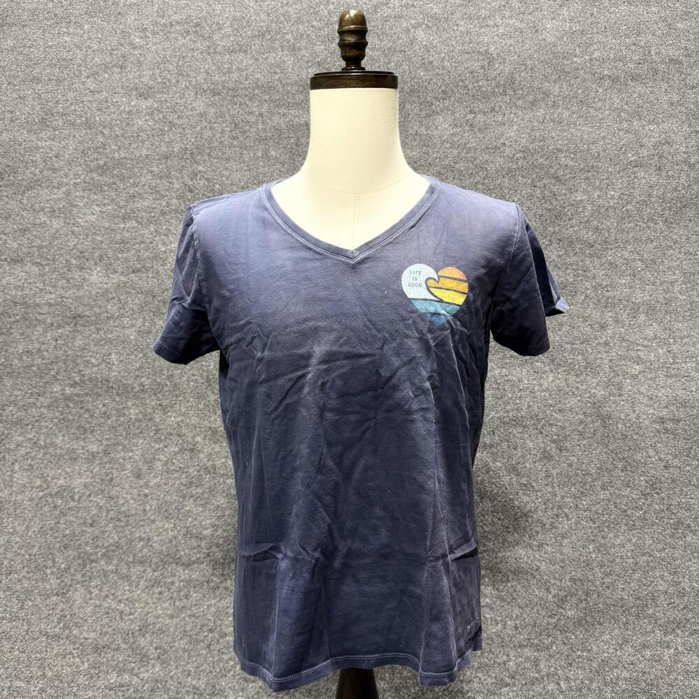 Life Is Good Shirt Womens Medium Blue Heart Wave Beach V-Neck T-Shirt Tee